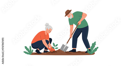 Elderly couple gardening together, planting a small tree in the soil.