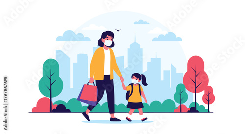 Mother and daughter wearing face masks walk hand in hand through an urban park with a city skyline in the background.