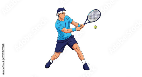 An illustration of a determined male tennis player in athletic wear executing a powerful two-handed backhand on a clean white background.
