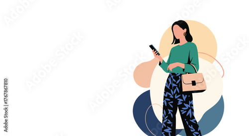 A stylish woman in a green top and patterned pants holds a smartphone and a chic handbag, standing against a backdrop of abstract modern shapes.