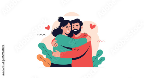 A loving couple embraces warmly in a stylized illustration with hearts and foliage.