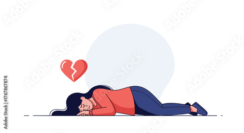 A woman lying down, heartbroken and sad, with a broken heart symbol above her, expressing grief and emotional pain.