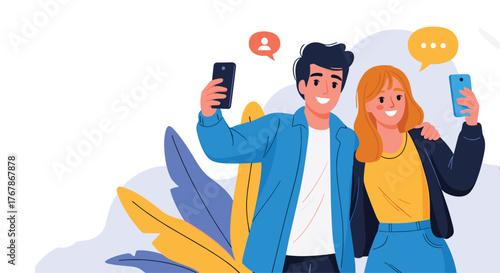 Young couple taking selfies, celebrating connection and social media engagement.