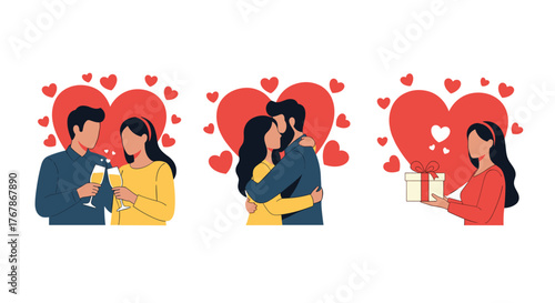 A collection of romantic illustrations depicting a couple toasting, hugging, and a woman holding a gift, surrounded by hearts, symbolizing love and celebration.