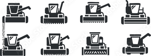 A collection of black and white silhouettes of harvesters used in agriculture and farming.