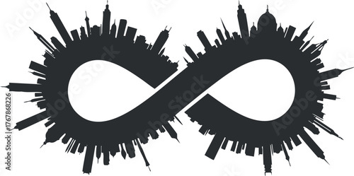 A creative infinity symbol formed by a cityscape silhouette representing endless possibilities.