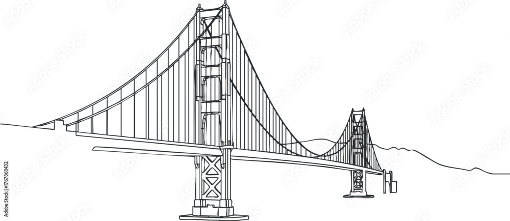 Fototapeta premium Detailed line art illustration of a suspension bridge highlighting its architectural features.