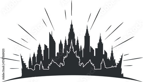 Stylized silhouette of a city skyline with dramatic rays emanating from behind.