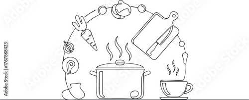 A creative line art illustration featuring various kitchen utensils and ingredients in a whimsical design.