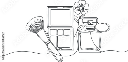 Line art illustration of a makeup brush, compact, perfume bottle, and flower.