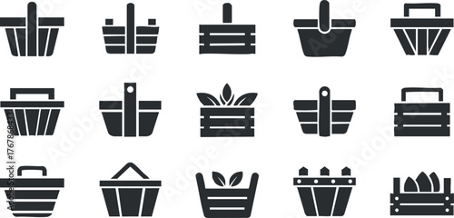 A diverse collection of shopping basket icons in various styles and designs.