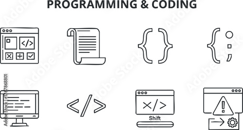 Illustration depicting various programming and coding icons representing software development concepts.