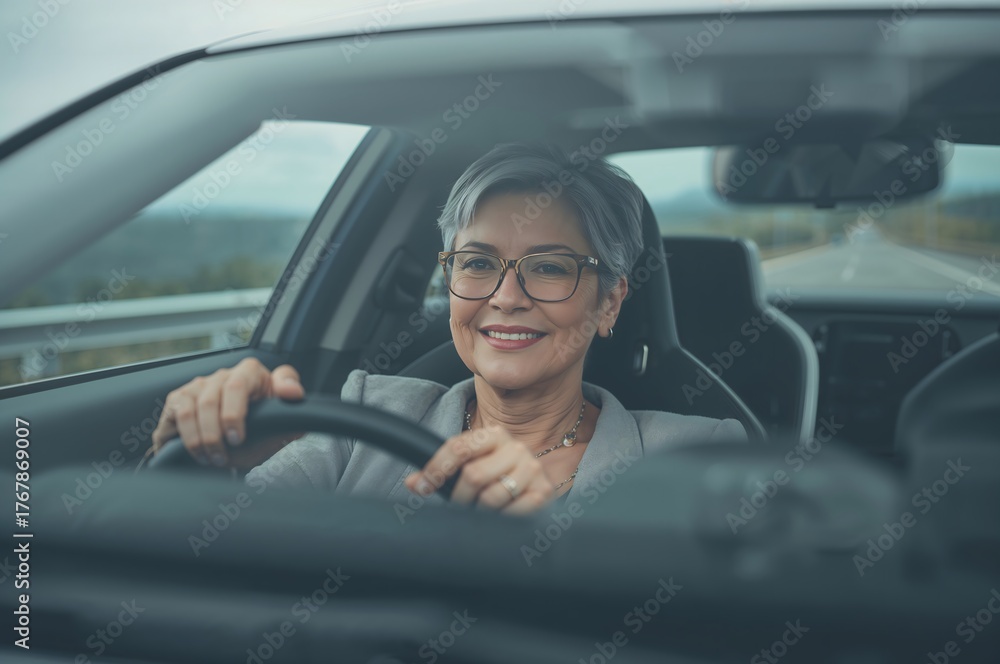 Fototapeta premium An elderly woman in her 60s driving a modern car.