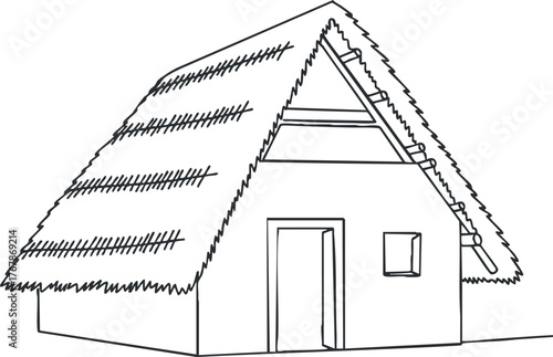 A hand-drawn illustration of a traditional thatched roof house in a simple style.