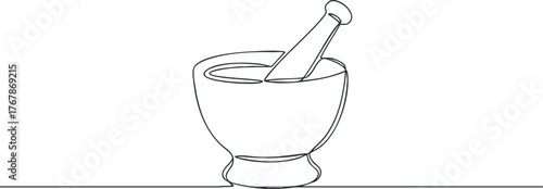 A minimalist outline illustration of a mortar and pestle used in cooking and herbal medicine.