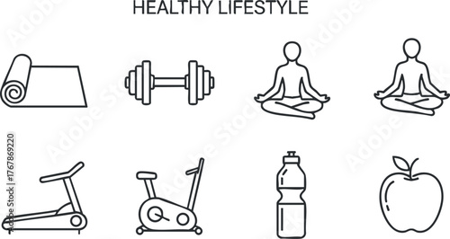 Collection of icons depicting elements of a healthy lifestyle including exercise and nutrition.