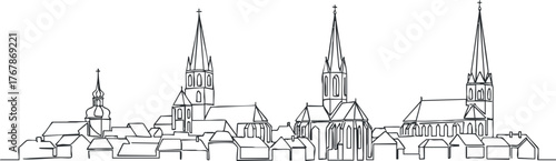 Minimalistic line art depicting a historic city skyline with church spires and buildings.