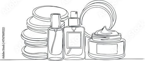 A minimalist line art illustration of skincare and cosmetic products arranged stylishly.