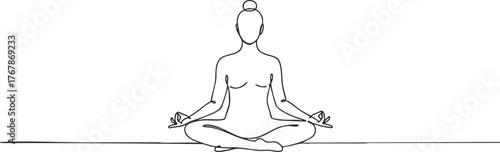 A minimalist line art illustration of a woman meditating in a serene pose for wellness and relaxation.