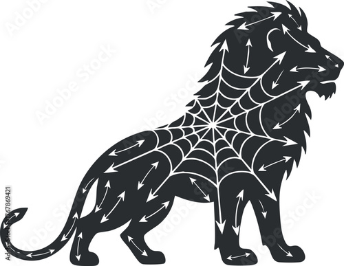 Stylized lion silhouette with spiderweb and arrows representing strength and creativity.