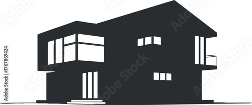 Stylish modern house silhouette featuring large windows and unique architectural design.