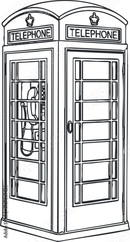 A black and white illustration of a vintage telephone booth commonly found in urban settings.