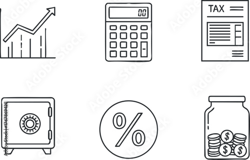 Illustration depicting financial concepts including tax, savings, investment, and accounting tools.