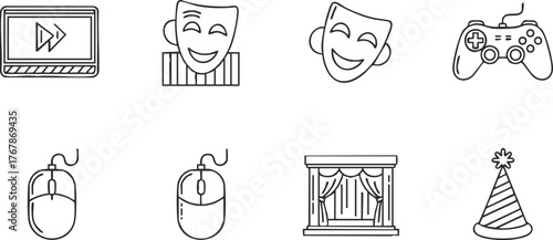 Icons representing various forms of entertainment including media gaming and performance art