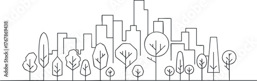 A minimalist line drawing of a city skyline with trees representing urban nature.
