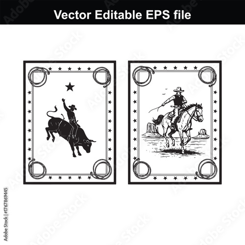 Vintage rodeo illustration featuring a cowboy on a bucking bull and a cowboy on horseback