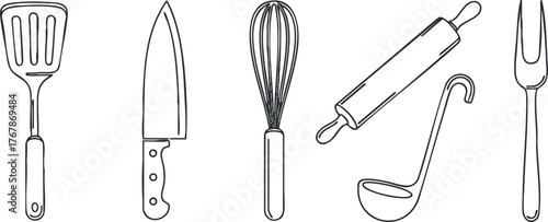 A collection of essential kitchen utensils including a spatula, knife, whisk, and ladle.