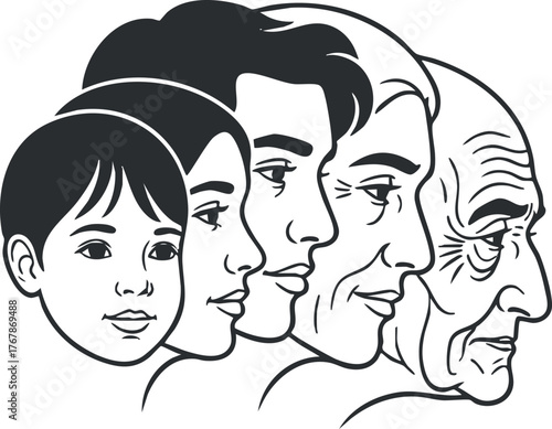 Illustration depicting the progression of human life from childhood to old age.