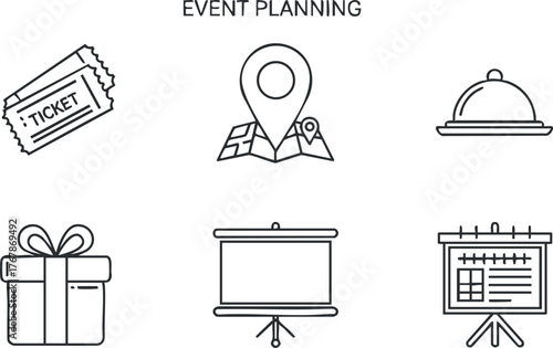 Icons representing various aspects of event planning including tickets locations and schedules.