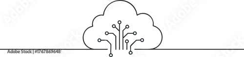 A minimalist illustration of a cloud with circuit lines representing technology and data connection.