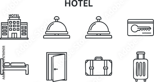 Illustration of hotel-related icons including building, bed, luggage, and service features.