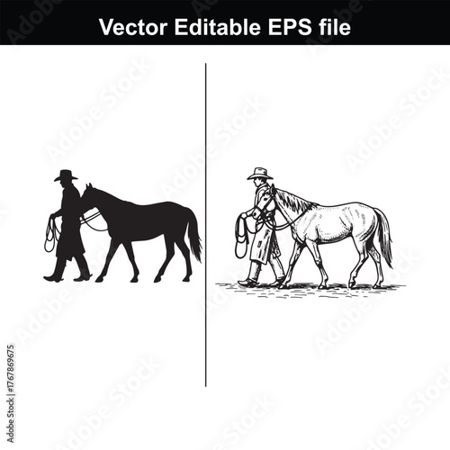 Silhouette and detailed drawing of a cowboy leading a horse