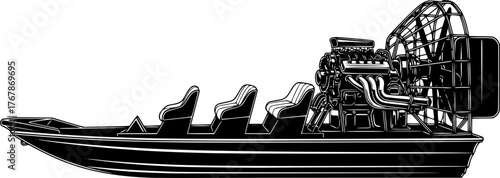 Airboat silhouette. This image shows a design of an airboat, also known as a fanout, with a detailed outline of its engine, propeller, and seating. Vector clipart illustration design.