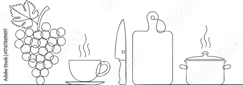 A minimalist line art illustration featuring grapes a cup a knife a cutting board and a pot