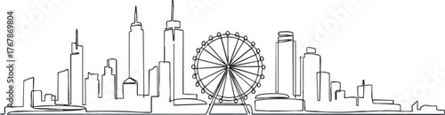 Minimalist black and white skyline illustration featuring skyscrapers and a ferris wheel.