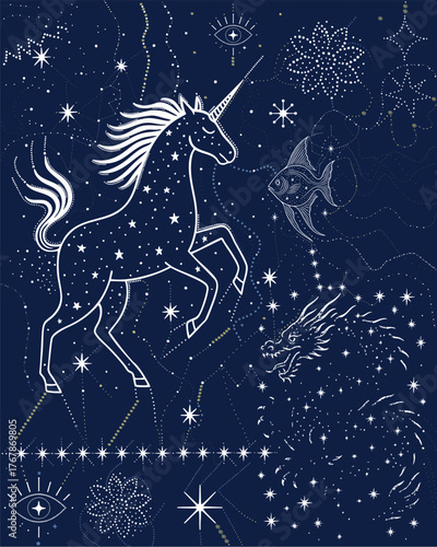 Fantasy Constellation Illustration with Unicorn, Dragon and Stars on Night Sky