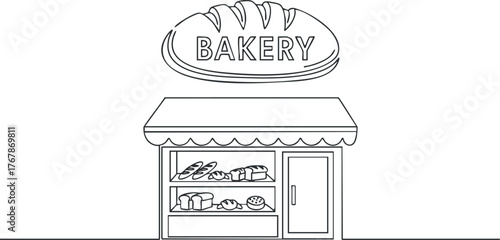 An illustration of a bakery shop with various baked goods displayed in the window.