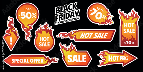 Set of Black Friday Hot Sale Stickers. Special Price Offer Flaming Badges. Flat Vector Offers discount icons