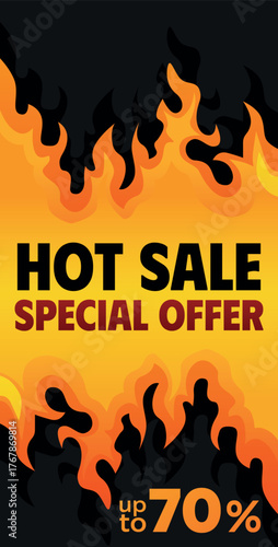 Hot Sale Special Offer Flat Vector Banner Template. Super Sale Black Friday Promotion Fire Flames Against Black Background.