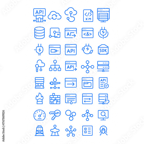 API Integration Line Icon Set – Cloud Computing, Data Connection, and Web Development Vector Design