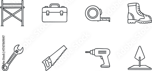 A collection of construction and tools icons including scaffold, toolbox, and safety gear.