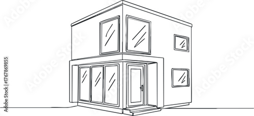 A minimalist line drawing of a modern house showcasing windows and a welcoming entrance.