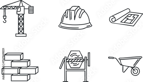 A collection of construction icons including a crane, hard hat, blueprints, and tools.