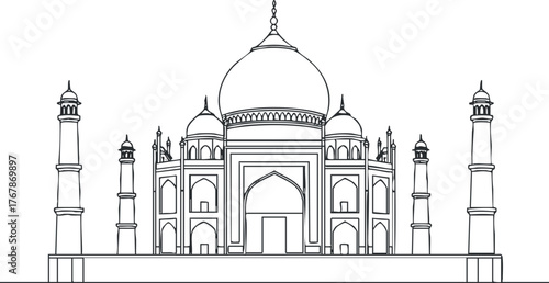 Outline illustration of the Taj Mahal, a famous Indian architectural masterpiece and historical landmark.