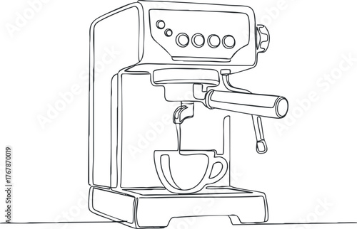 A minimalist line drawing of an espresso machine with a coffee cup ready for brewing.