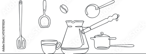 A minimalist line art illustration of kitchen utensils including a coffee pot and mug.